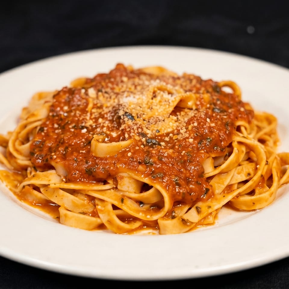 Fettuccine pasta topped with chunky tomato sauce, herbs, and grated cheese on a white plate.