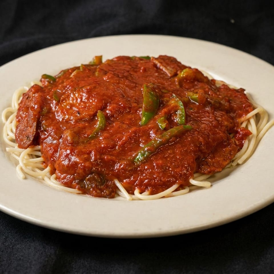 Spaghetti topped with chunky tomato sauce, sliced sausage, and green peppers on a white plate against black fabric.