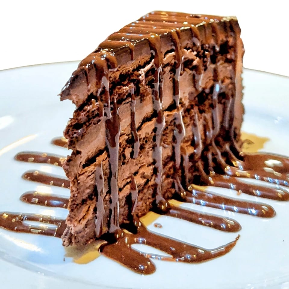 Slice of layered chocolate cake drizzled with chocolate and caramel sauces on a white plate.