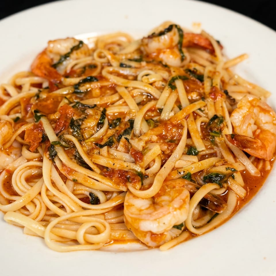 Linguine with shrimp, tomatoes, and herbs in a savory red sauce, served on a white plate.