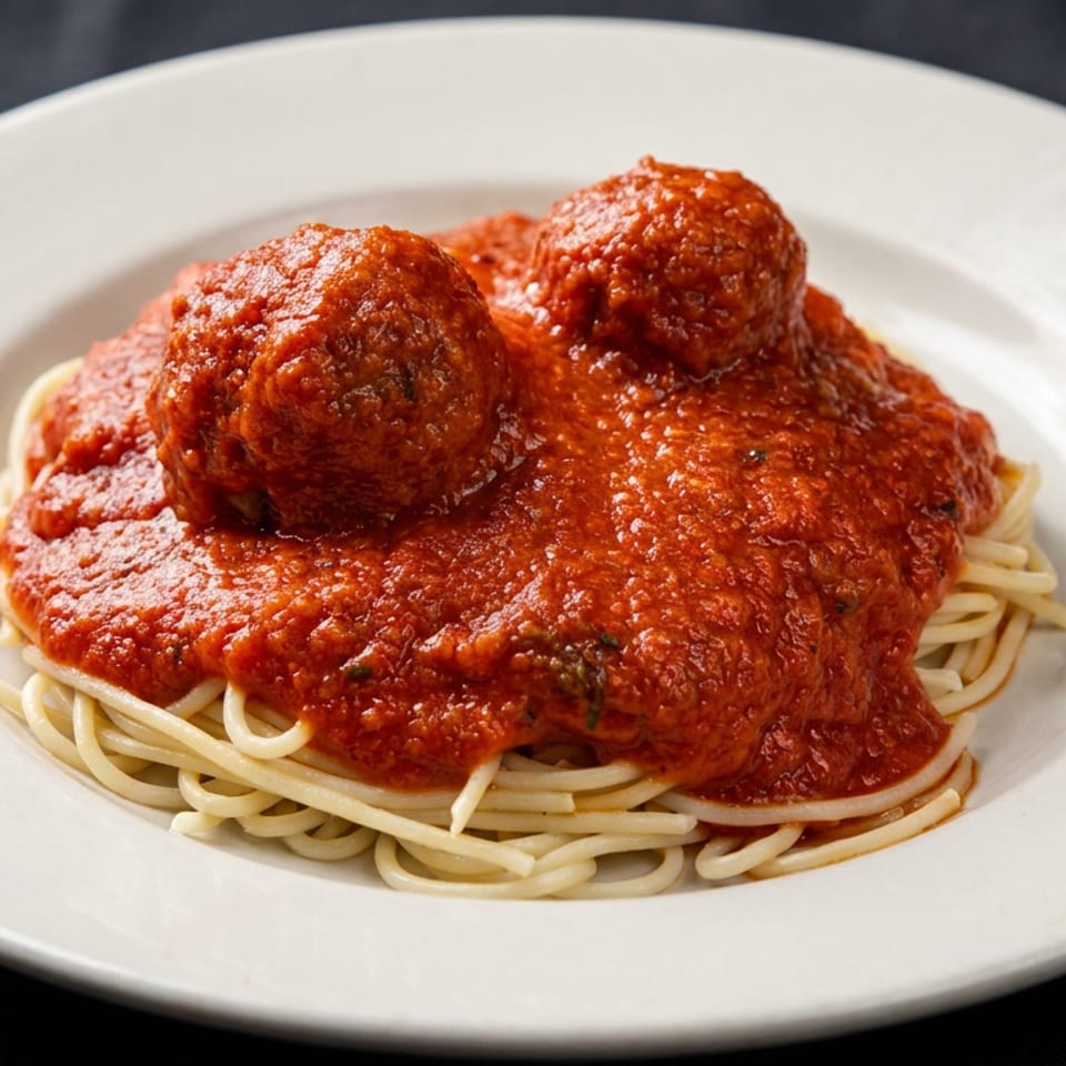 Plate of spaghetti topped with marinara sauce and three meatballs on a white dish.