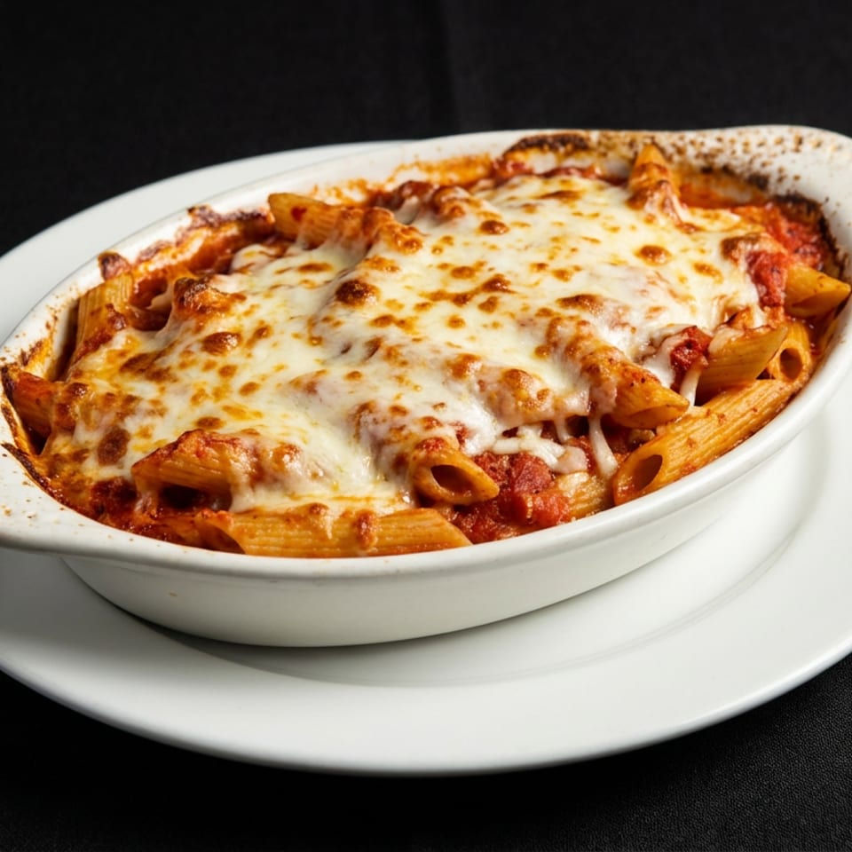 Baked penne pasta in tomato sauce topped with browned melted cheese, served in a white casserole dish on a plate.