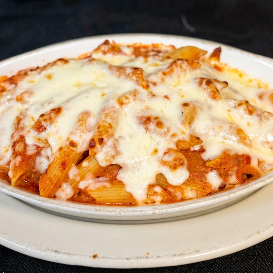 Baked penne pasta in tomato sauce, covered with melted browned cheese and served in a white oval casserole dish.