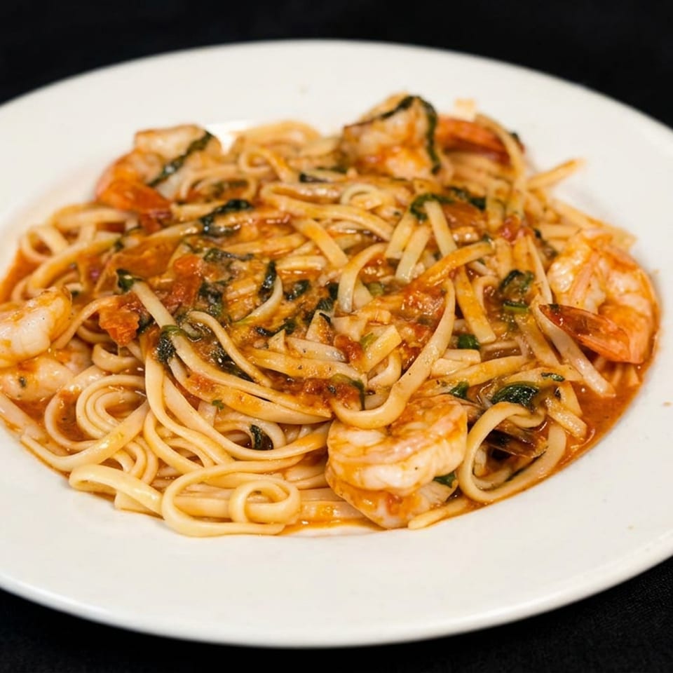 Plate of spaghetti with shrimp, tomato sauce, herbs, and vegetables on a white plate against a dark background.
