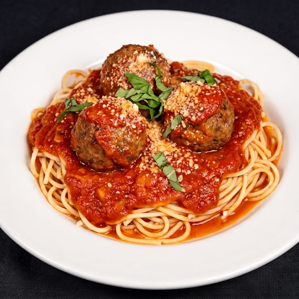 Spaghetti topped with three meatballs, tomato sauce, grated cheese, and fresh basil on a white plate.